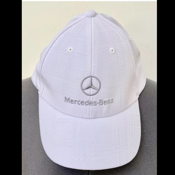 NEW MERCEDES BENZ WHITE HIGH PROFILE TRUCKER BASEBALL CAP HAT GRAY EMBROIDERY OS - Picture 1 of 8
